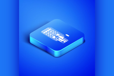 Isometric Pos terminal with inserted credit card icon isolated on blue