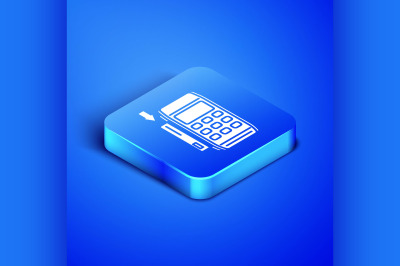 Isometric Pos terminal with inserted credit card icon isolated on blue