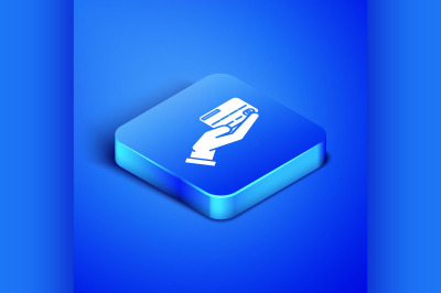 Isometric Human hand holding with credit card icon isolated on blue ba