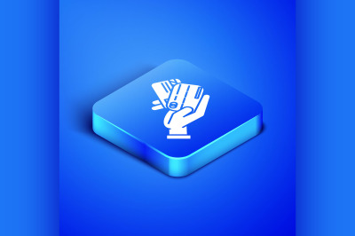 Isometric Human hand holding with credit card icon isolated on blue ba