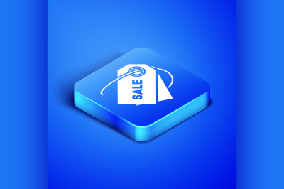 Isometric Price tag with an inscription Sale icon isolated on blue bac