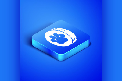 Isometric Paw print icon isolated on blue background. Dog or cat paw p