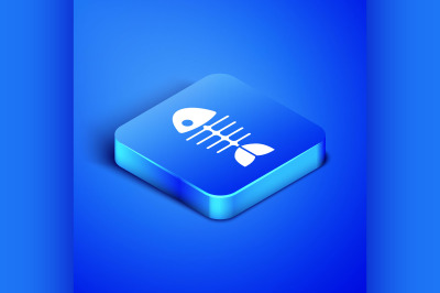 Isometric Fish skeleton icon isolated on blue background. Fish bone si