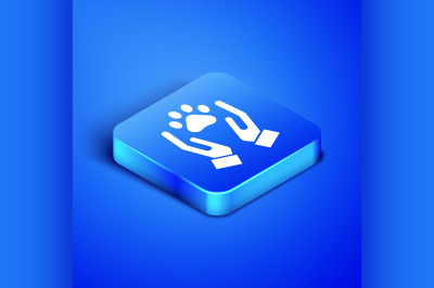 Isometric Hands with animals footprint icon isolated on blue backgroun