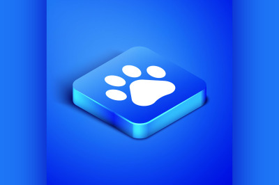 Isometric Paw print icon isolated on blue background. Dog or cat paw p