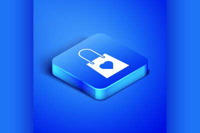 Isometric Shopping bag with heart icon isolated on blue background. Sh