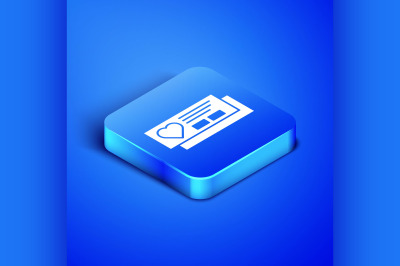 Isometric Ticket with heart icon isolated on blue background. Boarding