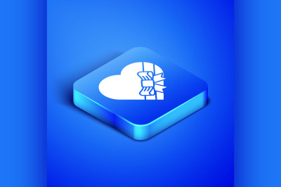 Isometric Candy in heart shaped box and bow icon isolated on blue back