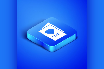 Isometric Valentines day party flyer with heart icon isolated on blue