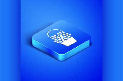 Isometric Flowers in a basket icon isolated on blue background. Blue s