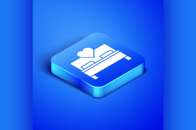 Isometric Bedroom icon isolated on blue background. Wedding&2C; love&2C; mar