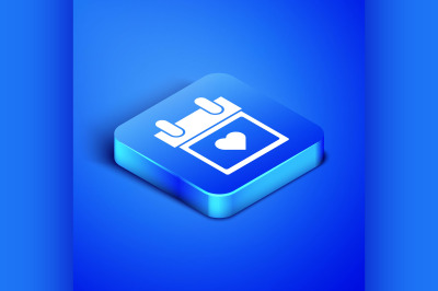 Isometric Calendar with heart icon isolated on blue background. Valent