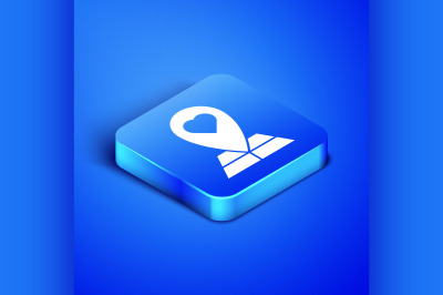 Isometric Map pointer with heart icon isolated on blue background. Val