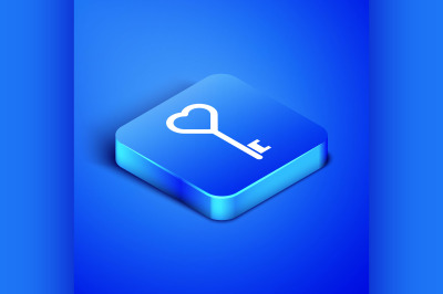 Isometric Key in heart shape icon isolated on blue background. Blue sq
