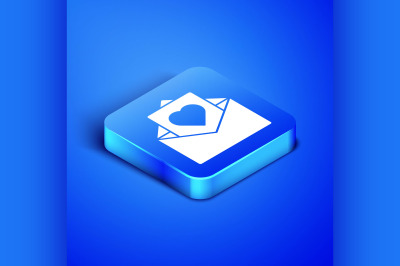 Isometric Envelope with Valentine heart icon isolated on blue backgrou