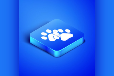 Isometric Paw print icon isolated on blue background. Dog or cat paw p