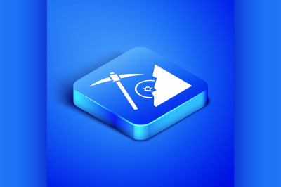 Isometric Cryptocurrency cloud mining icon isolated on blue background