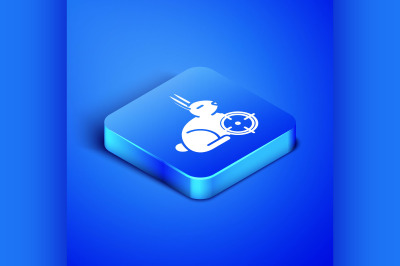 Isometric Hunt on rabbit with crosshairs icon isolated on blue backgro