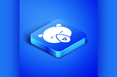 Isometric Bear head icon isolated on blue background. Blue square butt