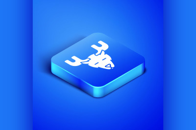 Isometric Moose head with horns icon isolated on blue background. Blue