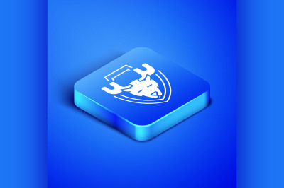 Isometric Moose head on shield icon isolated on blue background. Hunti