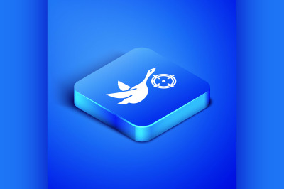 Isometric Hunt on duck with crosshairs icon isolated on blue backgroun