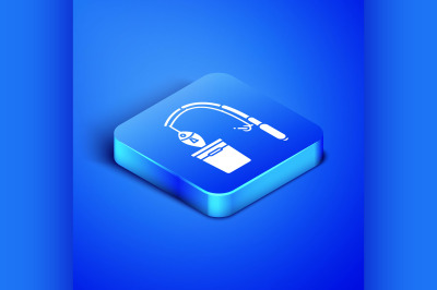 Isometric Fishing rod and fish icon isolated on blue background. Put f