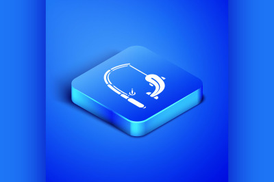 Isometric Fishing rod and fish icon isolated on blue background. Catch