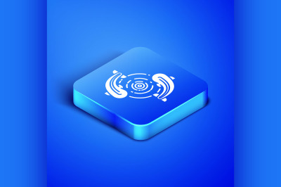 Isometric Fish icon isolated on blue background. Blue square button. V