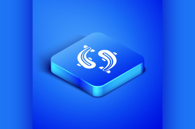 Isometric Fish icon isolated on blue background. Blue square button. V