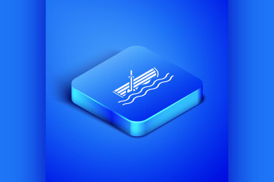 Isometric Fishing boat with oars on water icon isolated on blue backgr