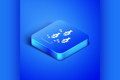 Isometric Fishing hook under water with fish icon isolated on blue bac