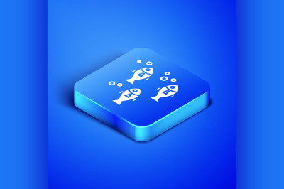 Isometric Fish icon isolated on blue background. Blue square button. V