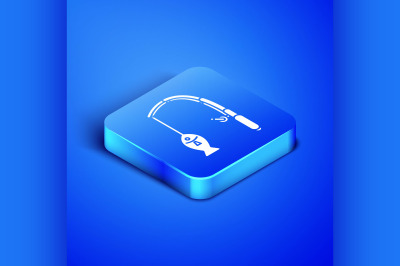 Isometric Fishing rod and fish icon isolated on blue background. Fishi