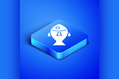 Isometric Fish icon isolated on blue background. Blue square button. V