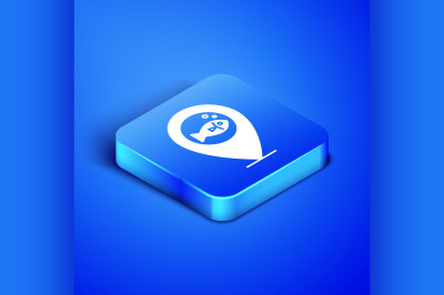 Isometric Location fishing icon isolated on blue background. Fishing p