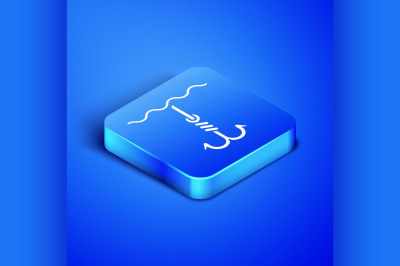 Isometric Fishing hook under water icon isolated on blue background. F