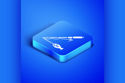 Isometric Fishing rod and fish icon isolated on blue background. Fishi