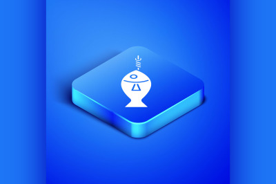 Isometric Fish on hook icon isolated on blue background. Blue square b