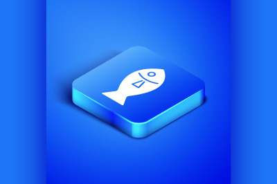 Isometric Fish icon isolated on blue background. Blue square button. V