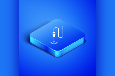 Isometric Fishing line with hook and float icon isolated on blue backg