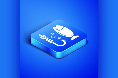 Isometric Fishing icon isolated on blue background. Fish and hook. Str