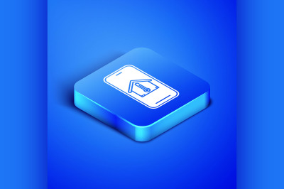 Isometric Mobile phone with house temperature icon isolated on blue ba