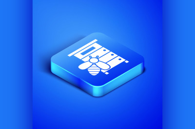 Isometric Hive for bees icon isolated on blue background. Beehive symb