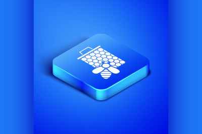 Isometric Bee and honeycomb icon isolated on blue background. Honey ce