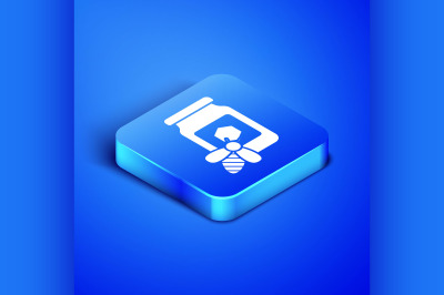 Isometric Jar of honey with bee icon isolated on blue background. Swee