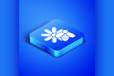 Isometric Bee and flower icon isolated on blue background. Sweet natur