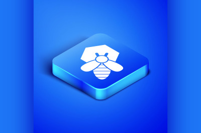 Isometric Bee and honeycomb icon isolated on blue background. Honey ce