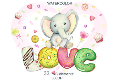Cute little elephants, balloons and flowers / watercolor digital pictu