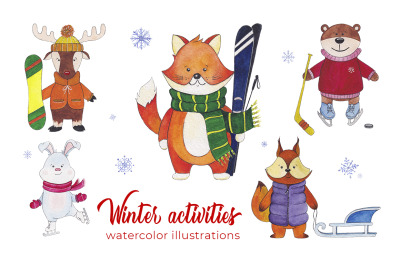Winter activities watercolor illustrations set